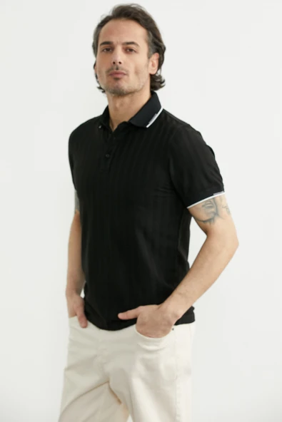 Regular Fit Polo Yaka Tişört - Siyah - Resim 4