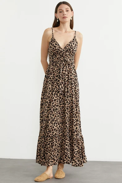 Leopar Desenli Askılı Uzun Elbise - Bej - Resim 5