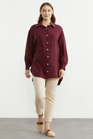Tencel Arkası Uzun Oversize Gömlek - Bordo ürün görseli 1