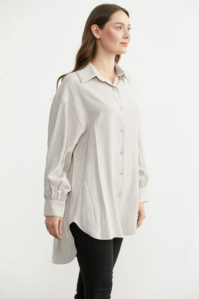 Tencel Arkası Uzun Oversize Gömlek - Taş - Resim 4