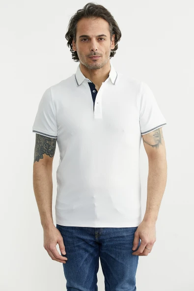 Polo Yaka Pike Kumaş Tişört - Beyaz ürün görseli 1