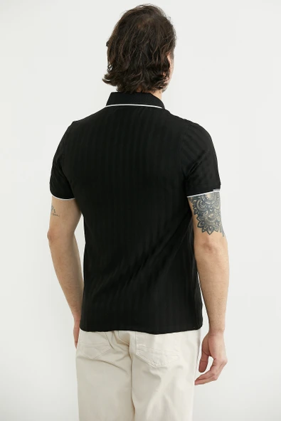 Regular Fit Polo Yaka Tişört - Siyah - Resim 6