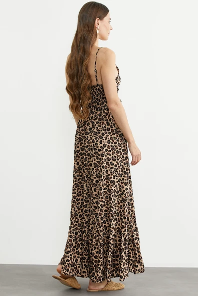 Leopar Desenli Askılı Uzun Elbise - Bej - Resim 6