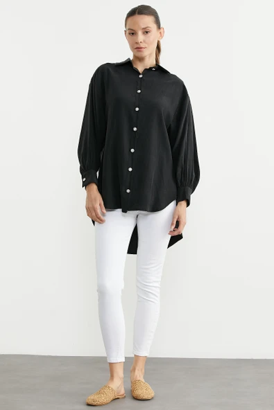 Tencel Arkası Uzun Oversize Gömlek - Siyah ürün görseli 1