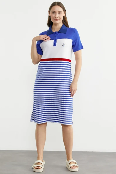Marine Nakış Detaylı Elbise - Saks - Resim 2