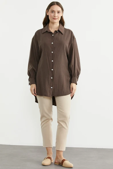 Tencel Arkası Uzun Oversize Gömlek - Kahve ürün görseli 1