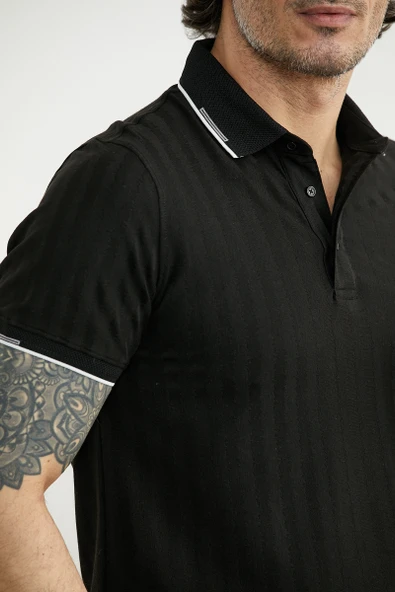 Regular Fit Polo Yaka Tişört - Siyah - Resim 5