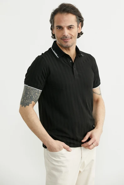 Regular Fit Polo Yaka Tişört - Siyah - Resim 2