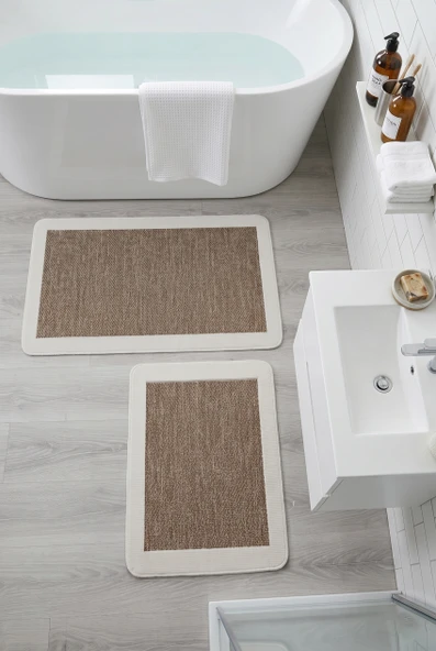 Sisal Vektör Kaymaz Tabanlı Kolay Silinebilir 2li Kahve Banyo Paspas Seti 60x100-50x60 ürün görseli 1