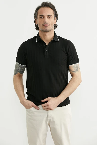 Regular Fit Polo Yaka Tişört - Siyah - Resim 3