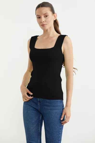 Kalın Askılı Basic Triko Atlet - Siyah - Resim 2