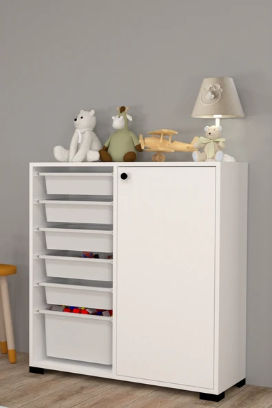Rüya No.4 Modern Kullanışlı Beyaz Geniş Kapaklı Sepetli Oyuncak Dolabı ürün görseli 1