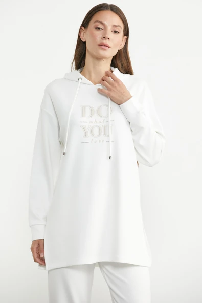 Oversize Baskılı Scuba Eşofman Takım - Ekru - Resim 3