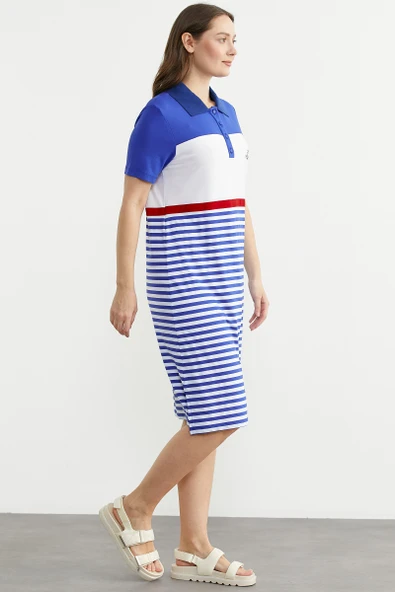 Marine Nakış Detaylı Elbise - Saks - Resim 4