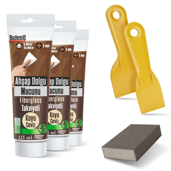 (6'LI) Ahşap Tamir Seti Koyu Ceviz (2 Adet) 125 ml Tamir Macunu + 2 Adet Spatula + Kübik Zımpara ürün görseli 1