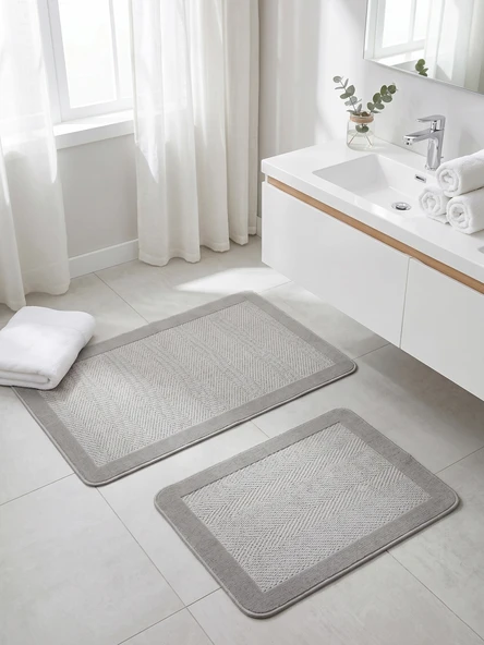 Sisal Vektör Kaymaz Tabanlı Kolay Silinebilir 2li Gri Banyo Paspas Seti 60x100-50x60 ürün görseli 1