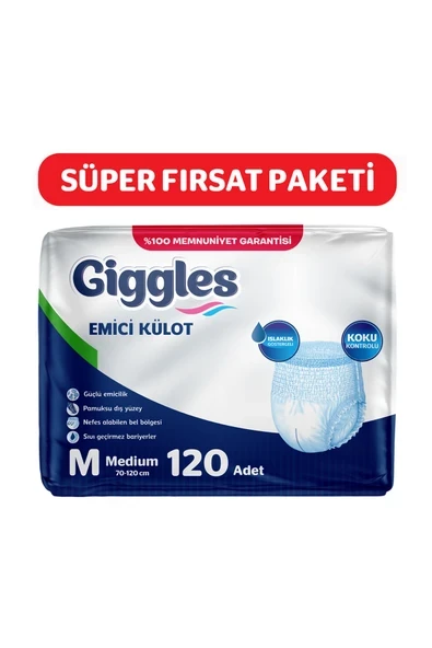 GİGGLES Yetişkin Emici Külot Bez Orta Boy(Medium) Bel Ölçüsü 70-120cm Islaklık Göstergeli - 4 paket 120 Adet ürün görseli 1