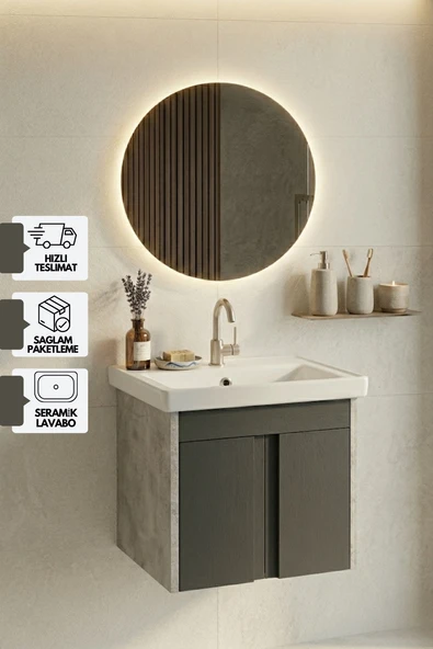 Lavanta 50 Cm, Led Aynalı, Banyo Dolabı Seti, Seramik Lavabo Dahil, Mdf, Led'li ürün görseli 1