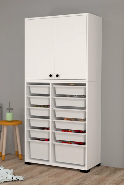 Rüya No.5 Modern Kullanışlı Beyaz Çift Katlı Kapaklı Sepetli Oyuncak Dolabı ürün görseli 1