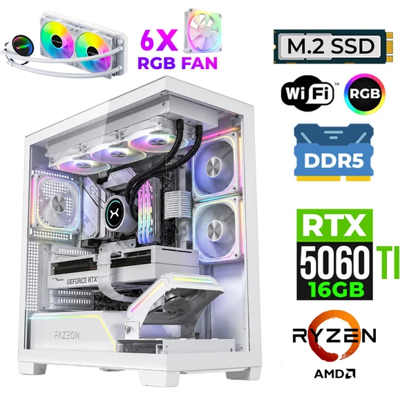 Xaser Fade X160 Ryzen 7 7700 32GB DDR5 Ram 1TB M.2 NVMe SSD 16GB RTX5060Ti Sıvı Soğutmalı Oyuncu Bilgisayarı ürün görseli 1
