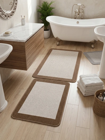 Sisal Vektör Kaymaz Tabanlı Kolay Silinebilir 2li Beyaz Kahve Banyo Paspas Seti 60x100-50x60 ürün görseli 1