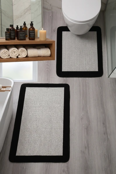Sisal Vektör Kaymaz Tabanlı Kolay Silinebilir 2li Siyah Beyaz Banyo Paspas Seti 60x100-50x60 ürün görseli 1