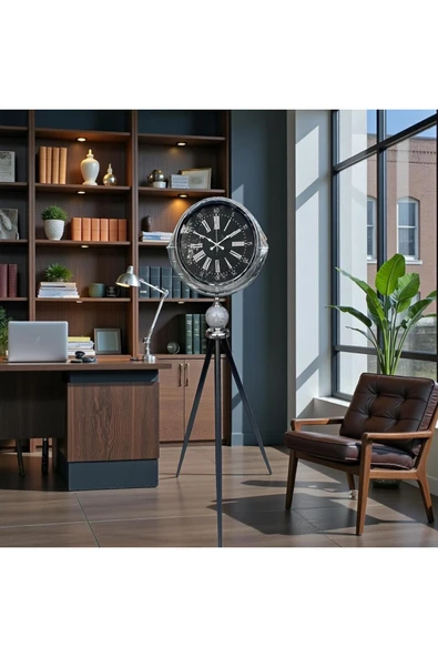 Sleep Nova Royal Tripod Büyük Boy Metal Ayaklı Dekoratif Zemin Saati – Vintage Ofis & Salon Saat (Gümüş) ürün görseli 1