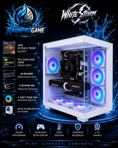 WhiteStorm Ryzen 5 7500F 64 GB Ddr5 2 TB Nvme SSD RTX5060 8gb 145W Windows 11 Pro 7 Rgb Fanlı Beyaz Akvaryum Kasa Oyuncu Bilgisayarı WhiteStormRNP11 ürün görseli 1