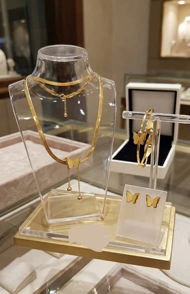Kelebek New Gold Rengi Çelik Takı Seti ürün görseli 1