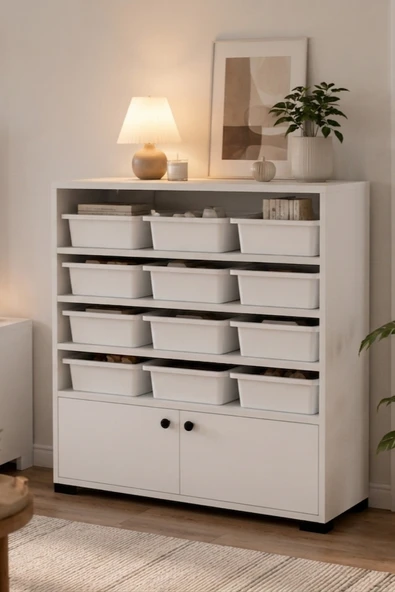 Rüya No.6 On İki Sepetli Modern Kullanışlı Çok Amaçlı Dolap Beyaz-Beyaz ürün görseli 1