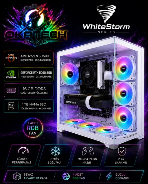 Ryzen 5 7500F 16 GB DDR5 1 TB NVMe SSD RTX5060 8GB 145W Windows 11 Pro 7 RGB Fanlı Beyaz Akvaryum Kasa Oyuncu Bilgisayarı ürün görseli 1