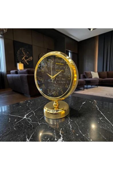 Sleep Nova Gold Marble Masa Saati – Altın Çerçeveli Siyah Mermer Desenli Modern Lüks Dekoratif Saat ürün görseli 1