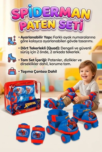 Örümcek Adam 4 Tekerlekli Quad Dizilimli Ayarlanabilir Çocuk Paten & Koruyucu Set ürün görseli 1