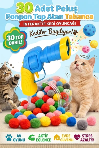 30 Adet Peluş Ponpon Top Atan Tabanca İnteraktif Kedi Oyuncağı Avcılık Oyunu Seti Kedi Oyun Topu ürün görseli 1