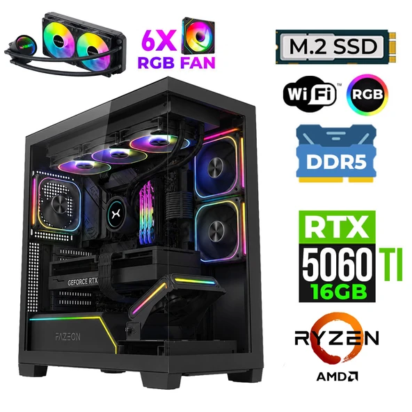 Xaser Fade X210 Ryzen 7 7800X3D 16GB DDR5 Ram 1TB M.2 NVMe SSD 16GB RTX5060Ti Sıvı Soğutmalı Oyuncu Bilgisayarı ürün görseli 1