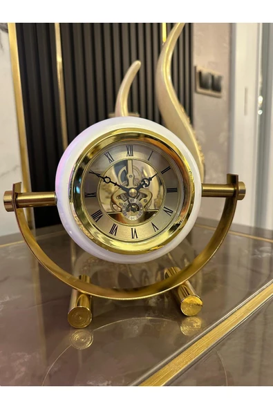 Sleep Nova Lüks Gold Beyaz Çerçeveli Dekoratif Masa Saati – İskelet Mekanizmalı Klasik Tasarım ürün görseli 1