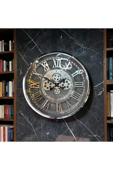 Sleep Nova Roma Rakamlı Endüstriyel Metal Duvar Saati – Dişli Mekanizmalı Vintage Dekor Saat (Gümüş) ürün görseli 1