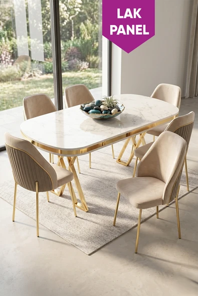 Lindia Serisi 90x168 Lak Panel Beyaz Mermer Desen Gold Ayaklı Masa Takımı 6 Krem Sandalye ürün görseli 1