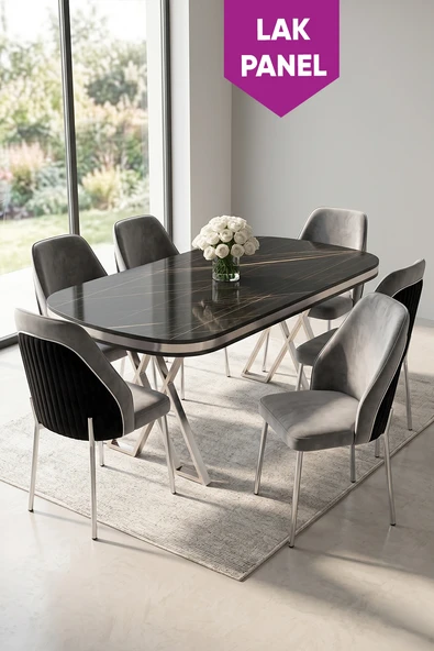 Lindia Serisi 90x168 Lak Panel Siyah Mermer Desen Krom Ayaklı Masa Takımı 6 Gri Sandalye ürün görseli 1