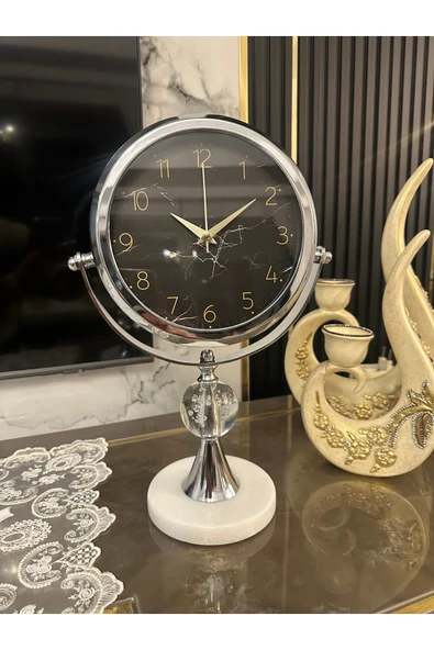 Sleep Nova Mermer Taşlı Kar Küreli Dekoratif Masa Saati (Gümüş) ürün görseli 1