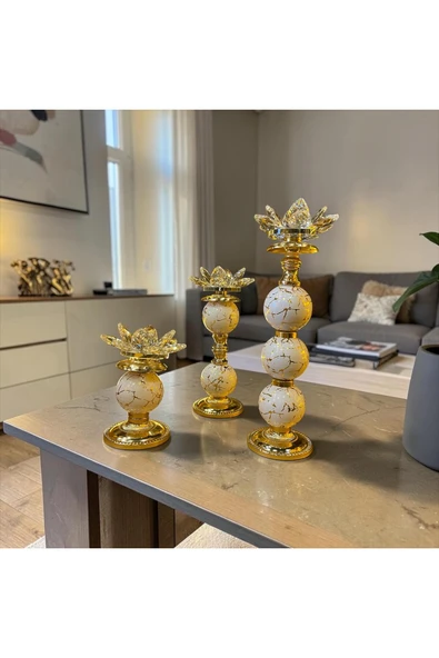 Sleep Nova Lotus Kristal Dekoratif Şamdan Mumluk Gold Beyaz Mermer Desenli Salon Masa Dekoru ürün görseli 1