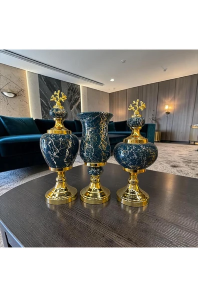 Sleep Nova Emerald Black Marble Dekoratif Vazo & Obje Seti – Gold Detaylı Lüks Salon Aksesuarı (3’lü) ürün görseli 1