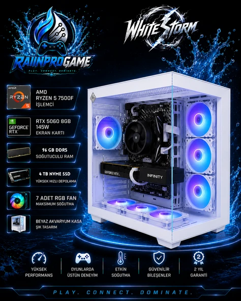 WhiteStorm Ryzen 5 7500F 96 GB Ddr5 4 TB Nvme SSD RTX5060 8gb 145W Windows 11 Pro 7 Rgb Fanlı Beyaz Akvaryum Kasa Oyuncu Bilgisayarı WhiteStormRNP16 ürün görseli 1
