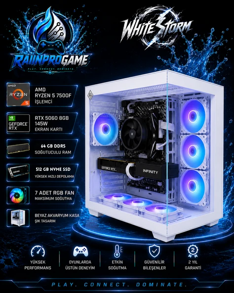 WhiteStorm Ryzen 5 7500F 64 GB Ddr5 512 GB Nvme SSD RTX5060 8gb 145W Windows 11 Pro 7 Rgb Fanlı Beyaz Akvaryum Kasa Oyuncu Bilgisayarı WhiteStormRNP09 ürün görseli 1