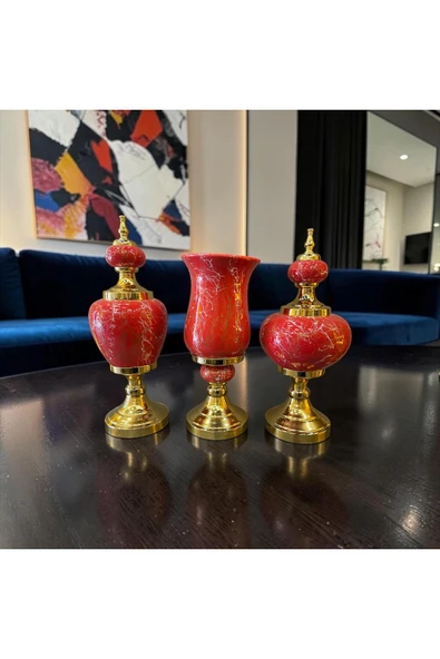 Sleep Nova Royal Red Marble Dekoratif Vazo & Obje Seti – Gold Detaylı Lüks Salon Aksesuarı (3’lü) ürün görseli 1