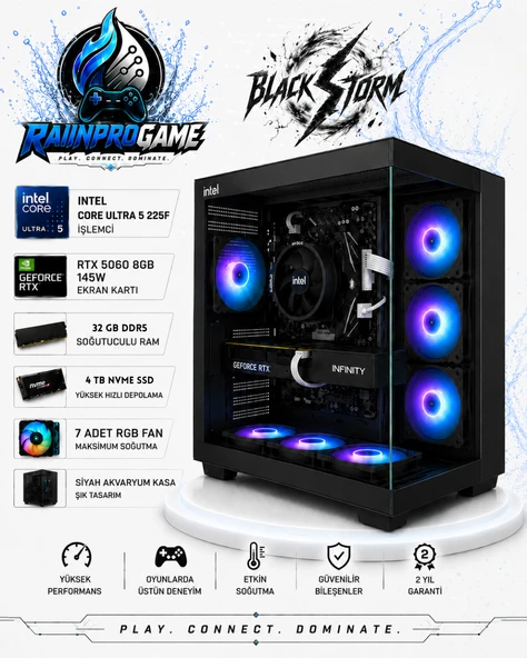 BLACKSTORM İntel Core Ultra 5-225F 32 GB Ddr5 4 TB Nvme SSD RTX5060 8gb 145W Windows 11 Pro 7 Rgb Fanlı siyah Akvaryum Kasa Oyuncu Bilgisayarı BLACKSTORMRNP08 ürün görseli 1