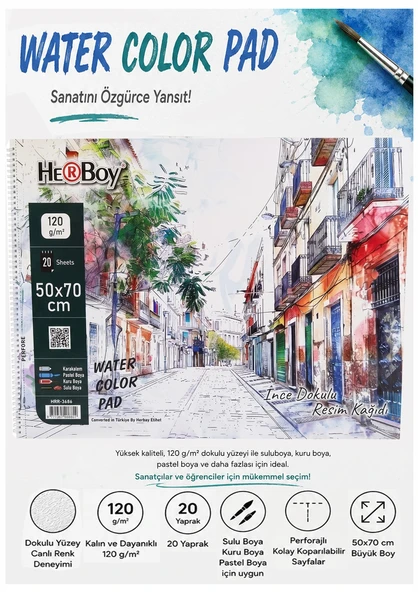 Resim Defteri 50x70 cm 1 Adet Herboy 120 gr Sulu Boya Eskiz Defteri Karakalem Çizim 20 Sayfa Dokulu Kağıt ürün görseli 1
