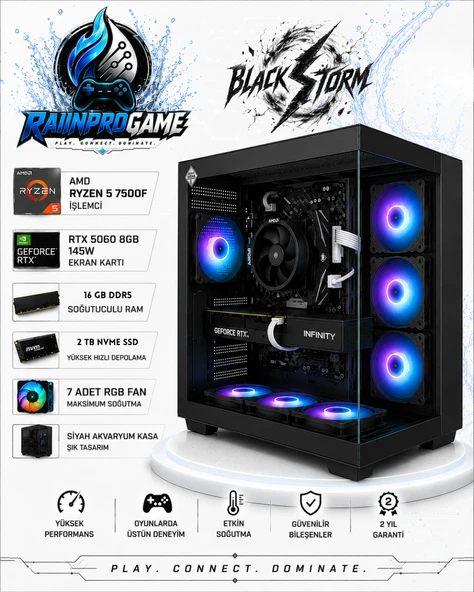 BlackStorm Ryzen 5 7500F 16 GB Ddr5 2 TB Nvme SSD RTX5060 8gb 145W Windows 11 Pro 7 Rgb Fanlı Beyaz Akvaryum Kasa Oyuncu Bilgisayarı WhiteStormRNP03 ürün görseli 1