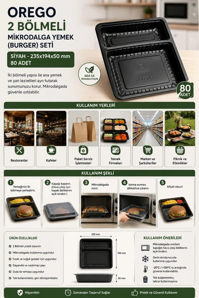 Orego 2 Bölmeli Mikrodalga Yemek (Burger) Seti Siyah 235x194x50 80 Adet ürün görseli 1