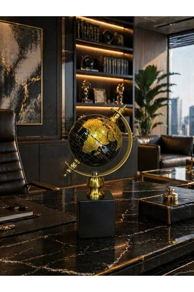 Sleep Nova Lux Gold Dünya Küresi Dekoratif Ofis Masa Aksesuarı | Modern Şık Altın Siyah Globe Obje ürün görseli 1